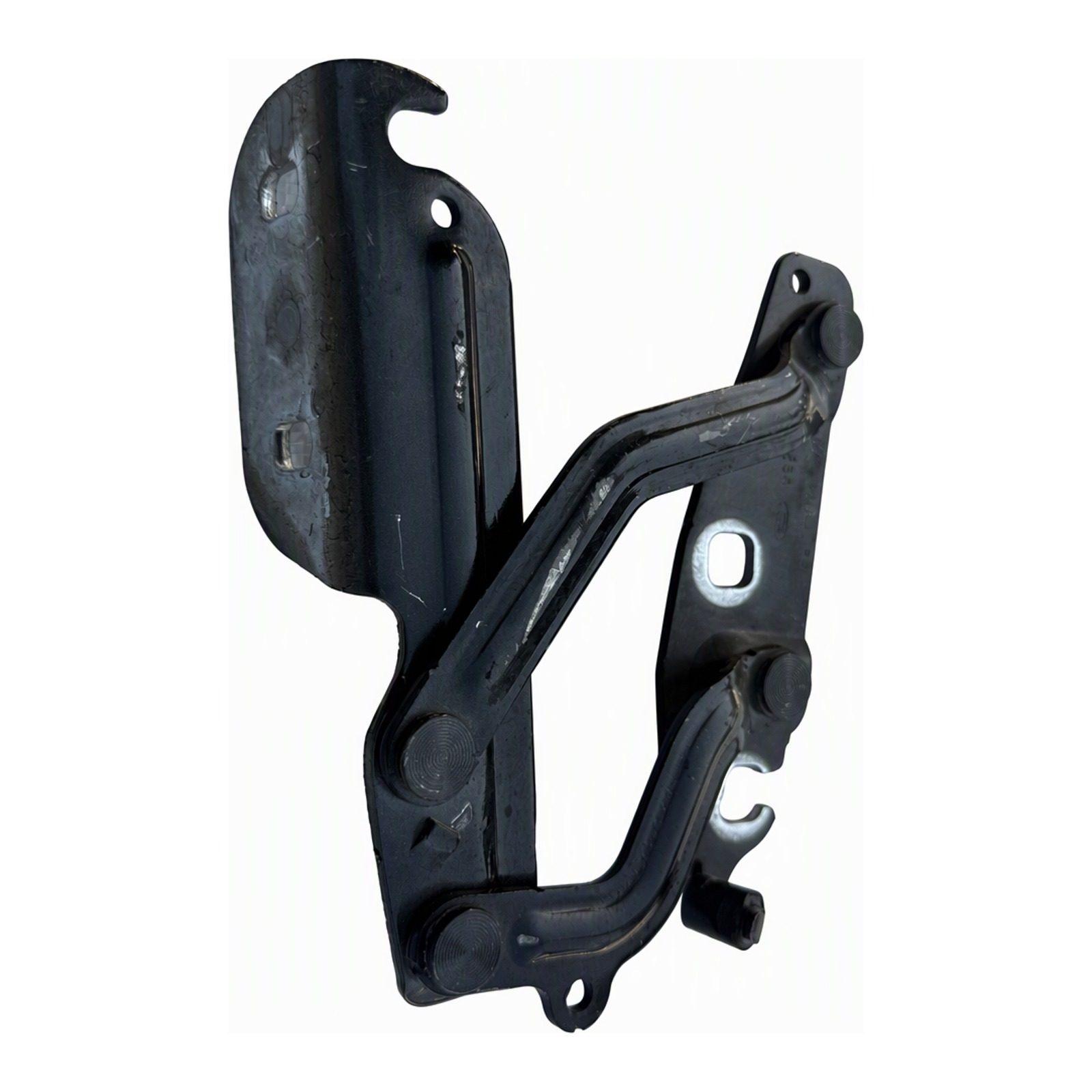 2011 to 2019 Ford Fiesta Hood Hinge Assembly Right Black with Scratches and Rust Painted Steel (2016 donor, unit 9C)