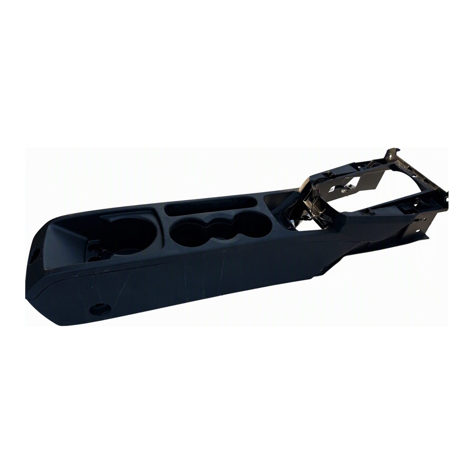 2011-2019 Ford Fiesta Center Console Base Assembly Black Plastic With Three Cup Holders Open Storage 22222E (2016 donor, unit 9D)