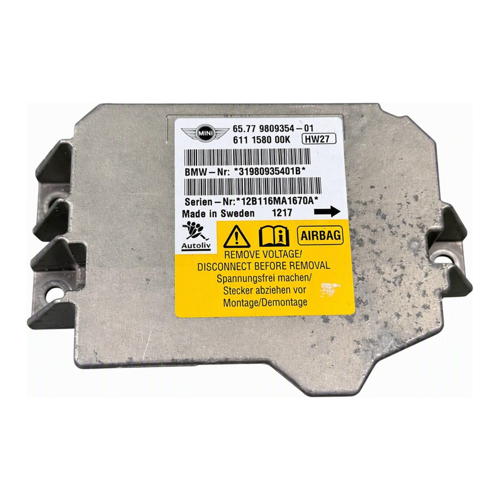 2011 to 2016 Mini Cooper Countryman Airbag Control Module with Mounting Brackets and Pin Connector OEM Front 31980935401B (2012 donor, unit 2U)
