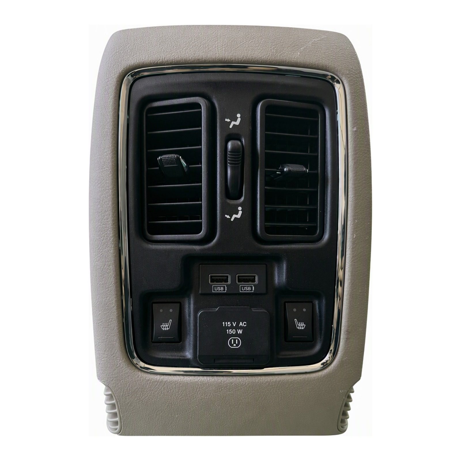 2011 to 2022 Jeep Grand Cherokee Rear Center Console Air Vent Panel with USB Ports Heated Seat Switch Beige Rear X98006401BL (2015 donor, unit 4X)
