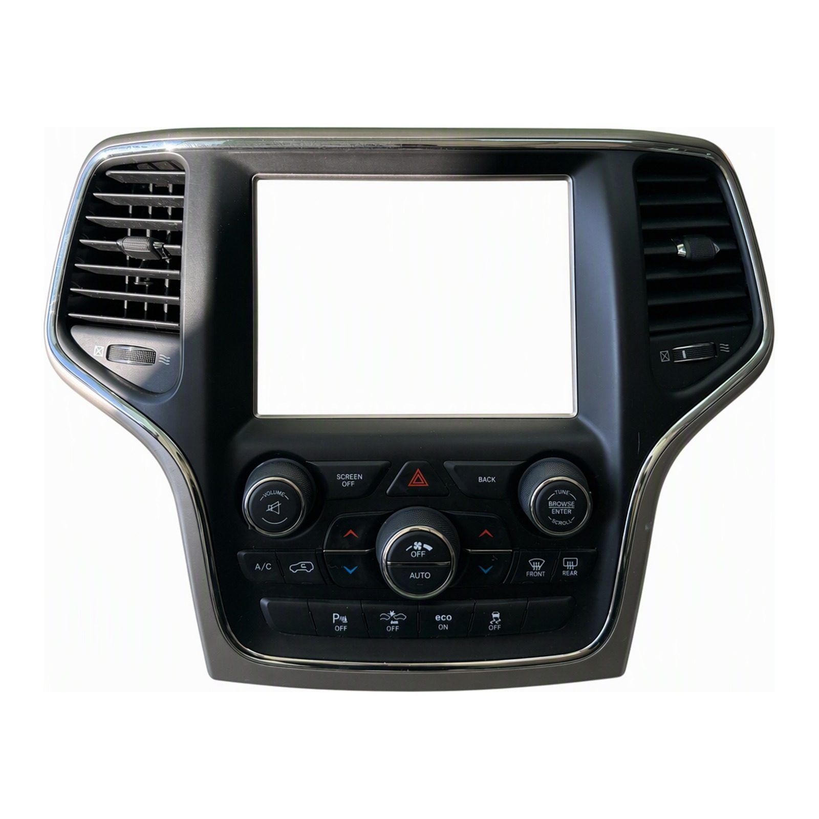 2014 to 2022 Jeep Grand Cherokee WK2 Center Dashboard Climate Control Panel With Air Vents And Integrated Climate Audio Controls OEM (2015 donor, unit 4W)