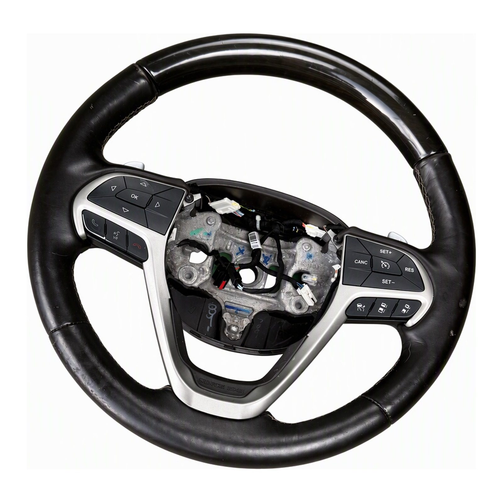 2015 2021 Jeep Grand Cherokee Mopar Steering Wheel Assembly with Leather Wrap Silver Trim Paddle Shifters OEM 5QV32LC5AC (2015 donor, unit 4Q)