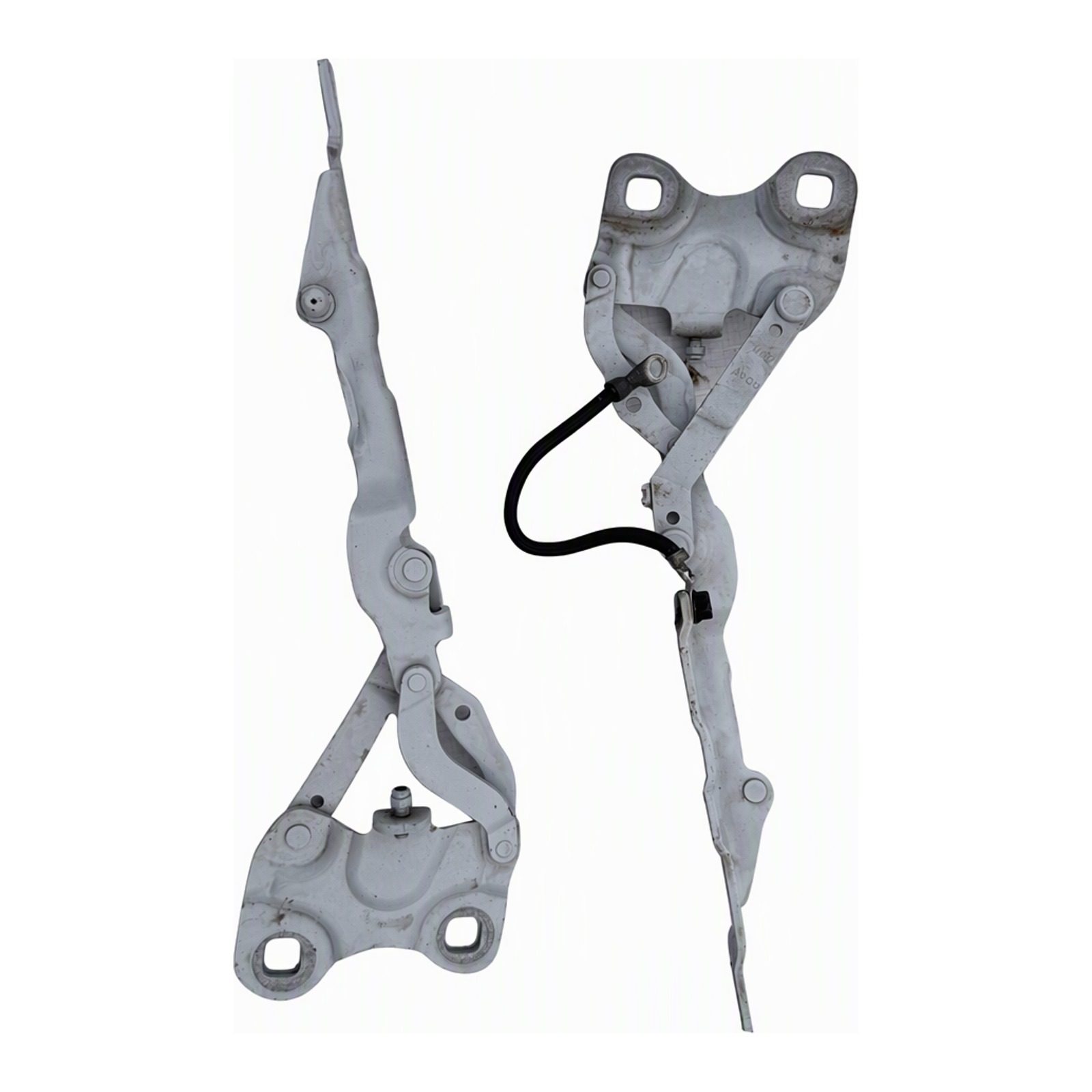 2011-2025 Mini Cooper Countryman Mini Genuine Hood Hinge Assembly and Left & Right Pair Pair White Painted Steel Rust and Surface Wear (2012 donor, unit 8O)
