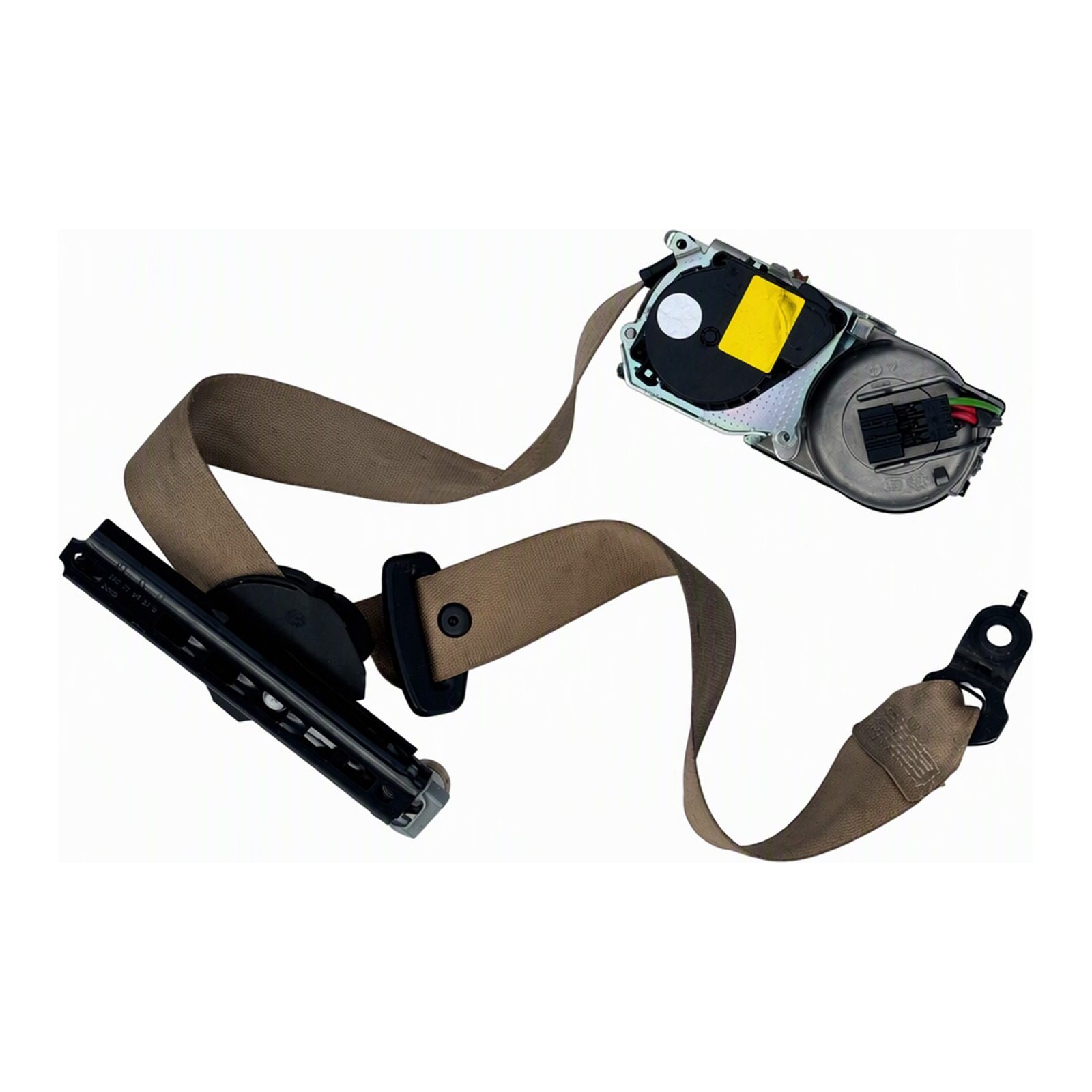 2009 Mercedes-Benz GL-Class Seat Belt Pretensioner Retractor Assembly Beige Rust Scratches Used Condition with Dirt and Wear on Seat Belt (2009 donor, unit 83)